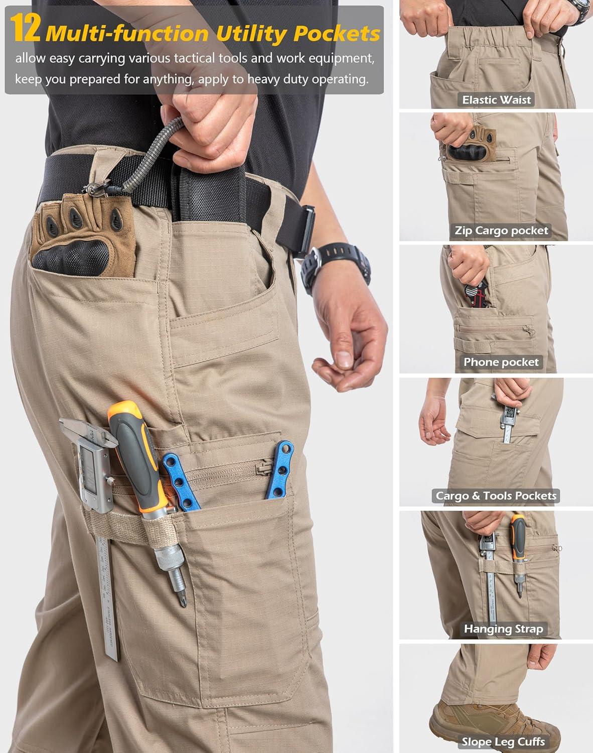 imageCARWORNIC Mens Stretch Ripstop Work Pants Water Resistant Flex Cargo Pants Lightweight EDC Operator Tactical Utility PantsKhaki