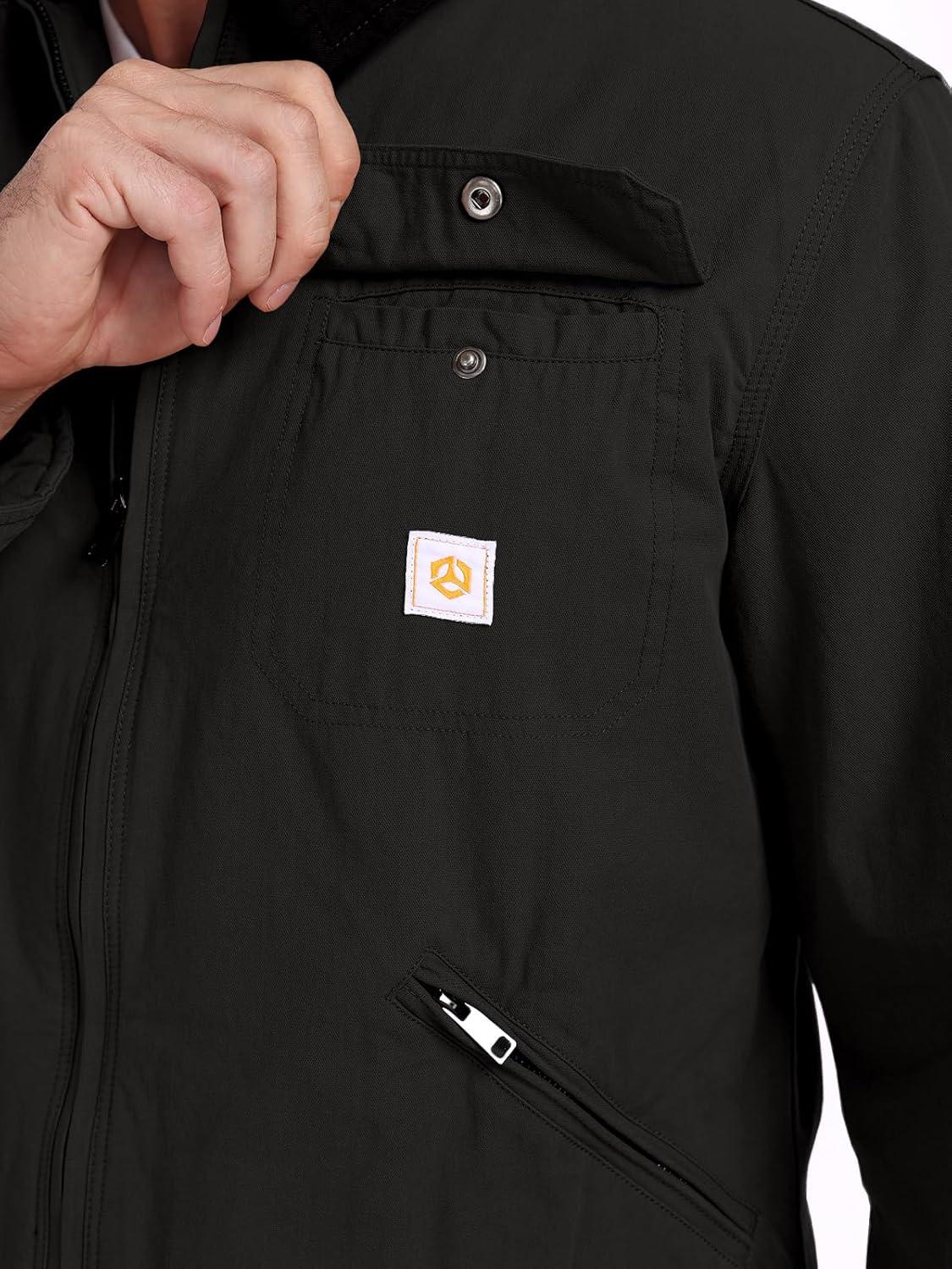 imageCARWORNIC Mens Winter Cotton Jacket Warm Quilted Padded Lined Cargo Work Jacket Regular Fit Casual Lapel Trucker CoatBlack