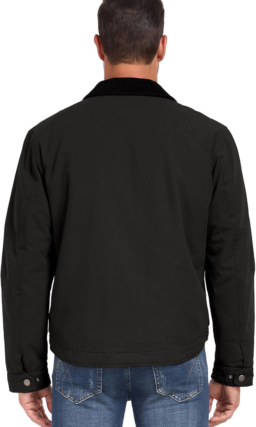 imageCARWORNIC Mens Winter Cotton Jacket Warm Quilted Padded Lined Cargo Work Jacket Regular Fit Casual Lapel Trucker CoatBlack