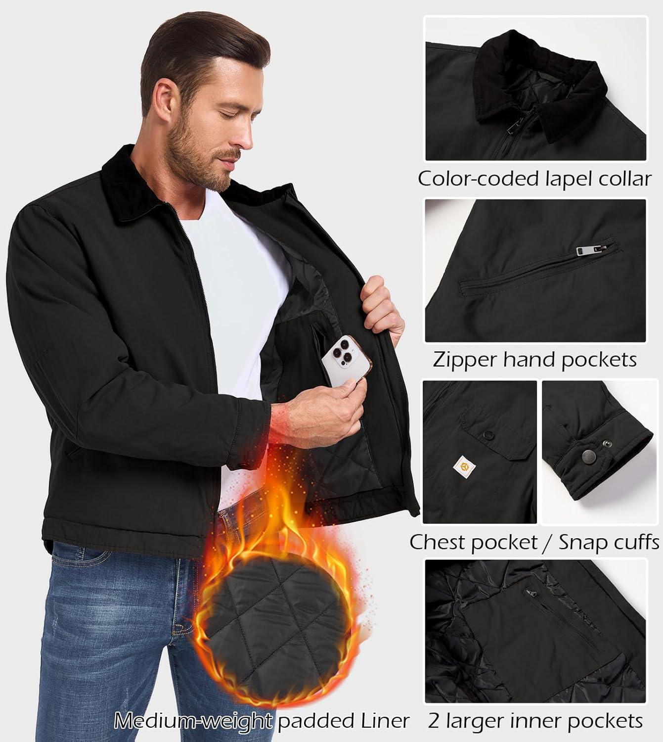 imageCARWORNIC Mens Winter Cotton Jacket Warm Quilted Padded Lined Cargo Work Jacket Regular Fit Casual Lapel Trucker CoatBlack