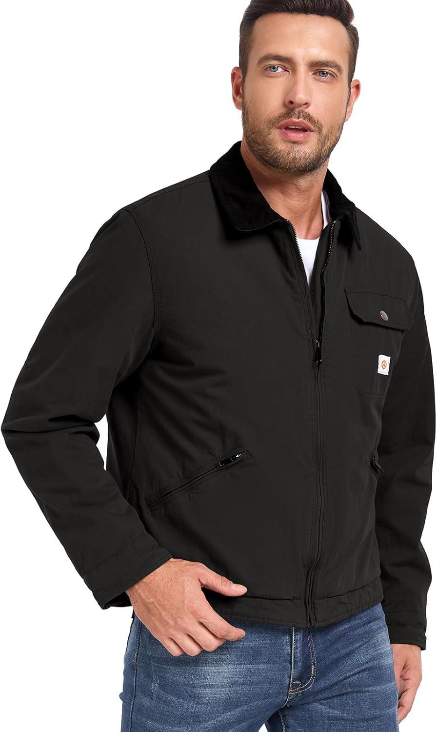 imageCARWORNIC Mens Winter Cotton Jacket Warm Quilted Padded Lined Cargo Work Jacket Regular Fit Casual Lapel Trucker CoatBlack