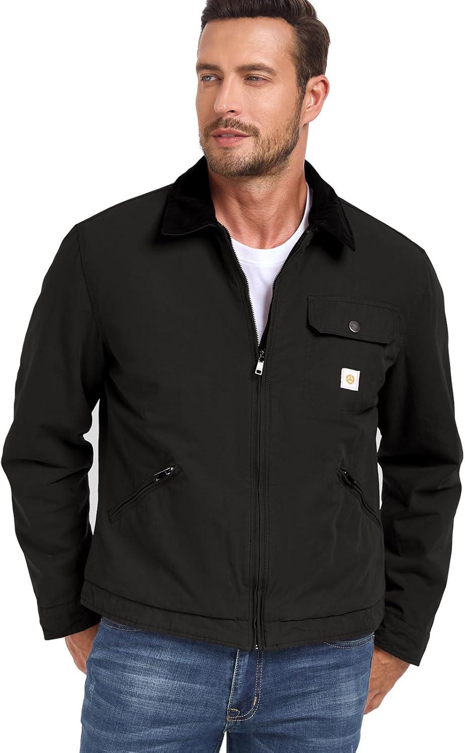 imageCARWORNIC Mens Winter Cotton Jacket Warm Quilted Padded Lined Cargo Work Jacket Regular Fit Casual Lapel Trucker CoatBlack