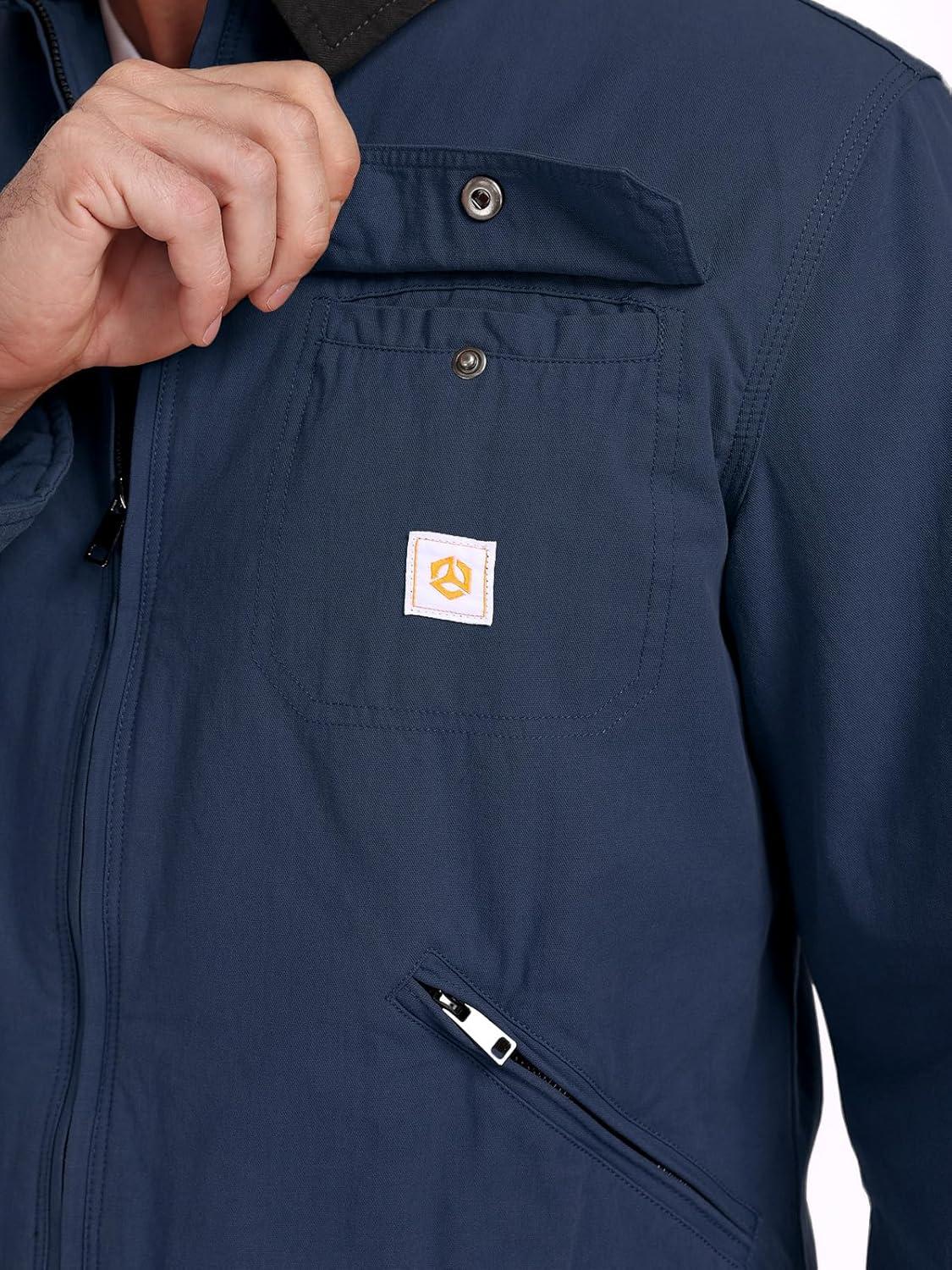 imageCARWORNIC Mens Winter Cotton Jacket Warm Quilted Padded Lined Cargo Work Jacket Regular Fit Casual Lapel Trucker CoatNavy Blue