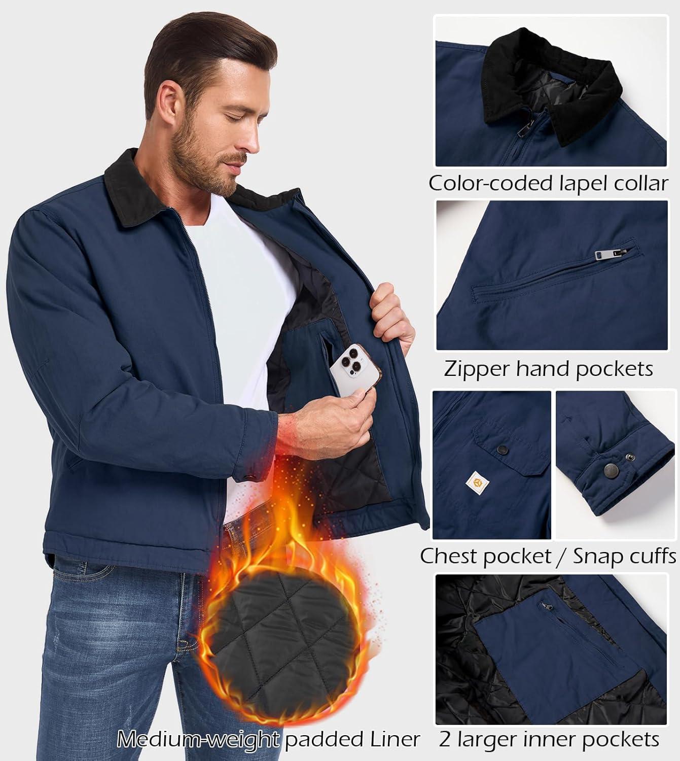 imageCARWORNIC Mens Winter Cotton Jacket Warm Quilted Padded Lined Cargo Work Jacket Regular Fit Casual Lapel Trucker CoatNavy Blue
