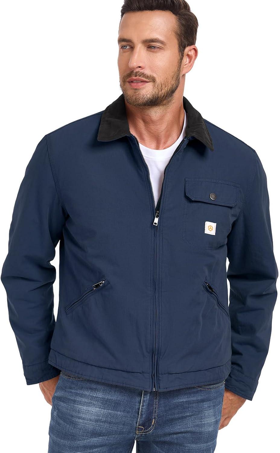 imageCARWORNIC Mens Winter Cotton Jacket Warm Quilted Padded Lined Cargo Work Jacket Regular Fit Casual Lapel Trucker CoatNavy Blue