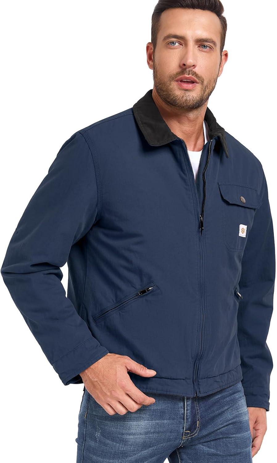 imageCARWORNIC Mens Winter Cotton Jacket Warm Quilted Padded Lined Cargo Work Jacket Regular Fit Casual Lapel Trucker CoatNavy Blue