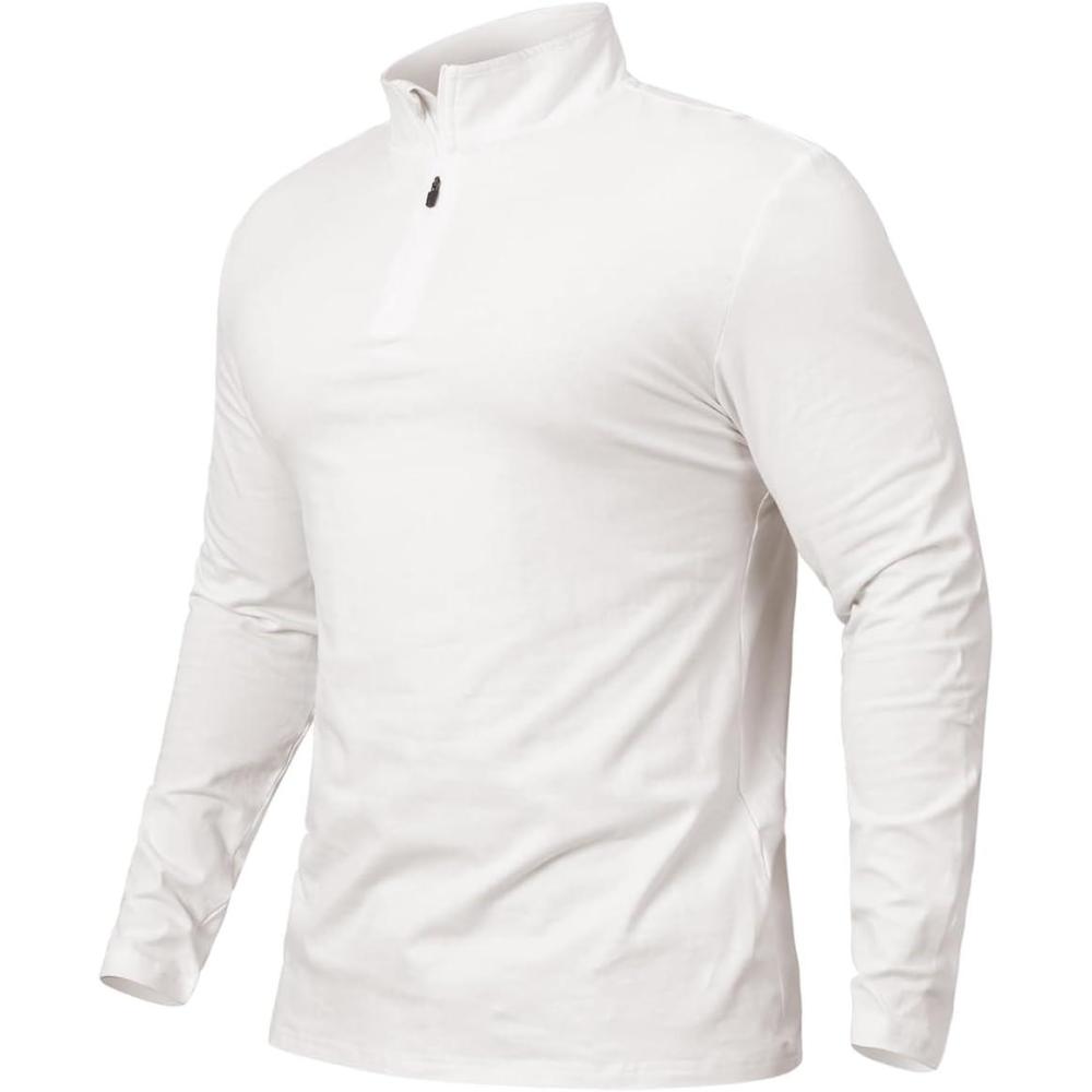 imageCARWORNIC Mens 14 Zip Pullover Long Sleeve Shirt Casual Slim Fit Stretch Cotton Mock Neck Work Golf ShirtsBeige