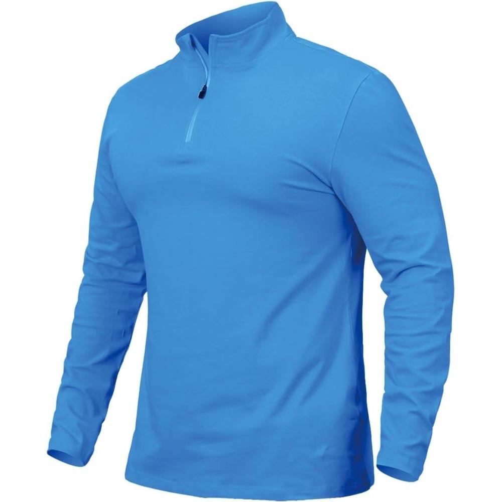 imageCARWORNIC Mens 14 Zip Pullover Long Sleeve Shirt Casual Slim Fit Stretch Cotton Mock Neck Work Golf ShirtsBlue