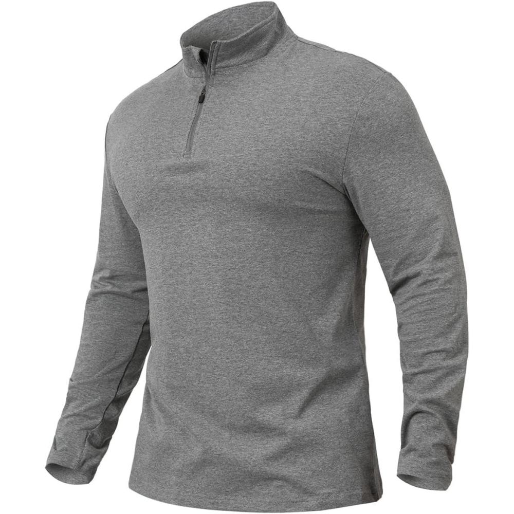 imageCARWORNIC Mens 14 Zip Pullover Long Sleeve Shirt Casual Slim Fit Stretch Cotton Mock Neck Work Golf ShirtsDark Grey