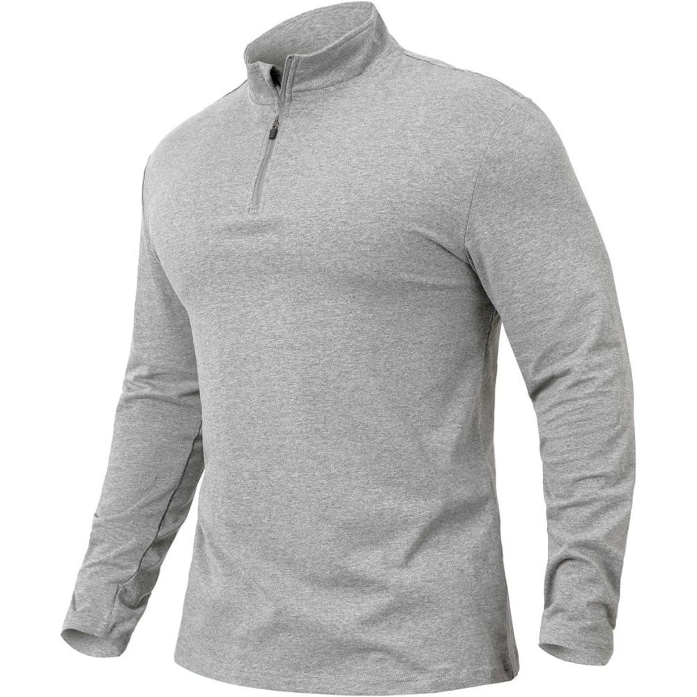 imageCARWORNIC Mens 14 Zip Pullover Long Sleeve Shirt Casual Slim Fit Stretch Cotton Mock Neck Work Golf ShirtsLight Grey