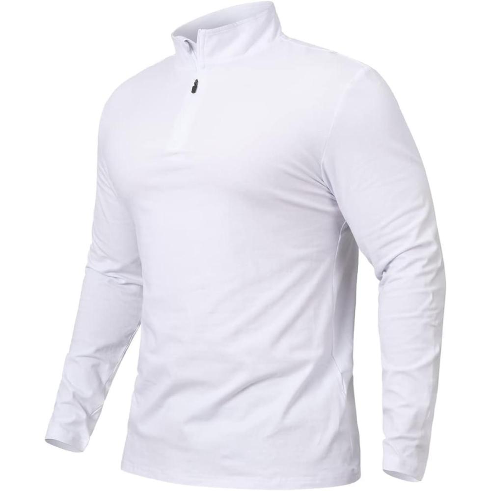 imageCARWORNIC Mens 14 Zip Pullover Long Sleeve Shirt Casual Slim Fit Stretch Cotton Mock Neck Work Golf ShirtsWhite