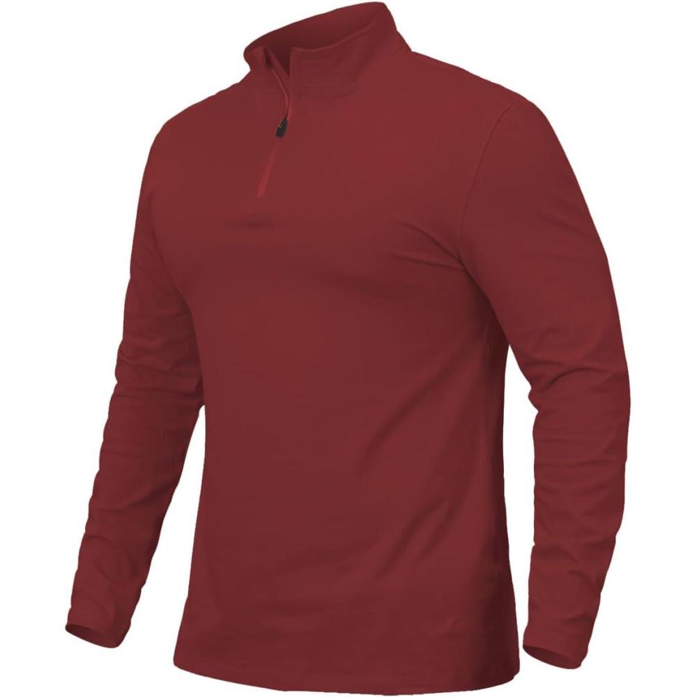 imageCARWORNIC Mens 14 Zip Pullover Long Sleeve Shirt Casual Slim Fit Stretch Cotton Mock Neck Work Golf ShirtsWine Red