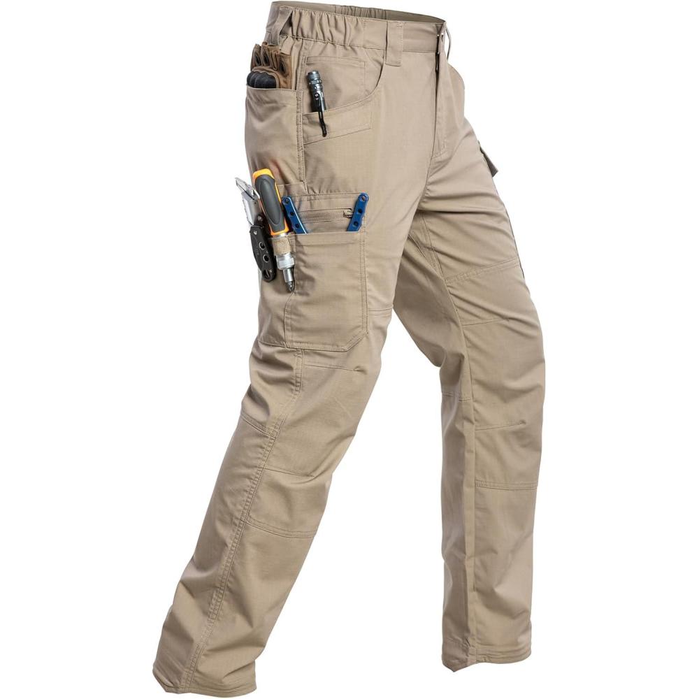 imageCARWORNIC Mens Stretch Ripstop Work Pants Water Resistant Flex Cargo Pants Lightweight EDC Operator Tactical Utility PantsKhaki