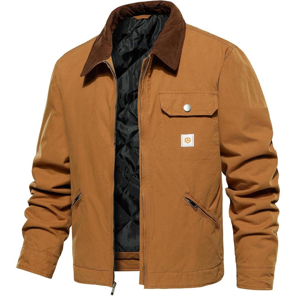 imageCARWORNIC Mens Winter Cotton Jacket Warm Quilted Padded Lined Cargo Work Jacket Regular Fit Casual Lapel Trucker CoatBrown