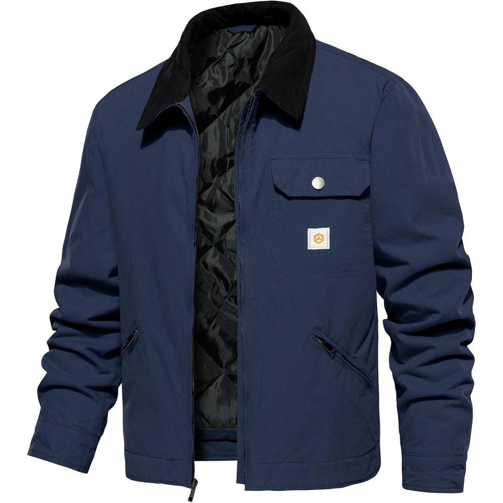 imageCARWORNIC Mens Winter Cotton Jacket Warm Quilted Padded Lined Cargo Work Jacket Regular Fit Casual Lapel Trucker CoatNavy Blue