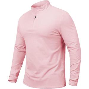 CARWORNIC Men’s 1/4 Zip Pullover Long Sleeve Shirt Casual Slim Fit Stretch Cotton Mock Neck Work Golf Shirts(Pink)