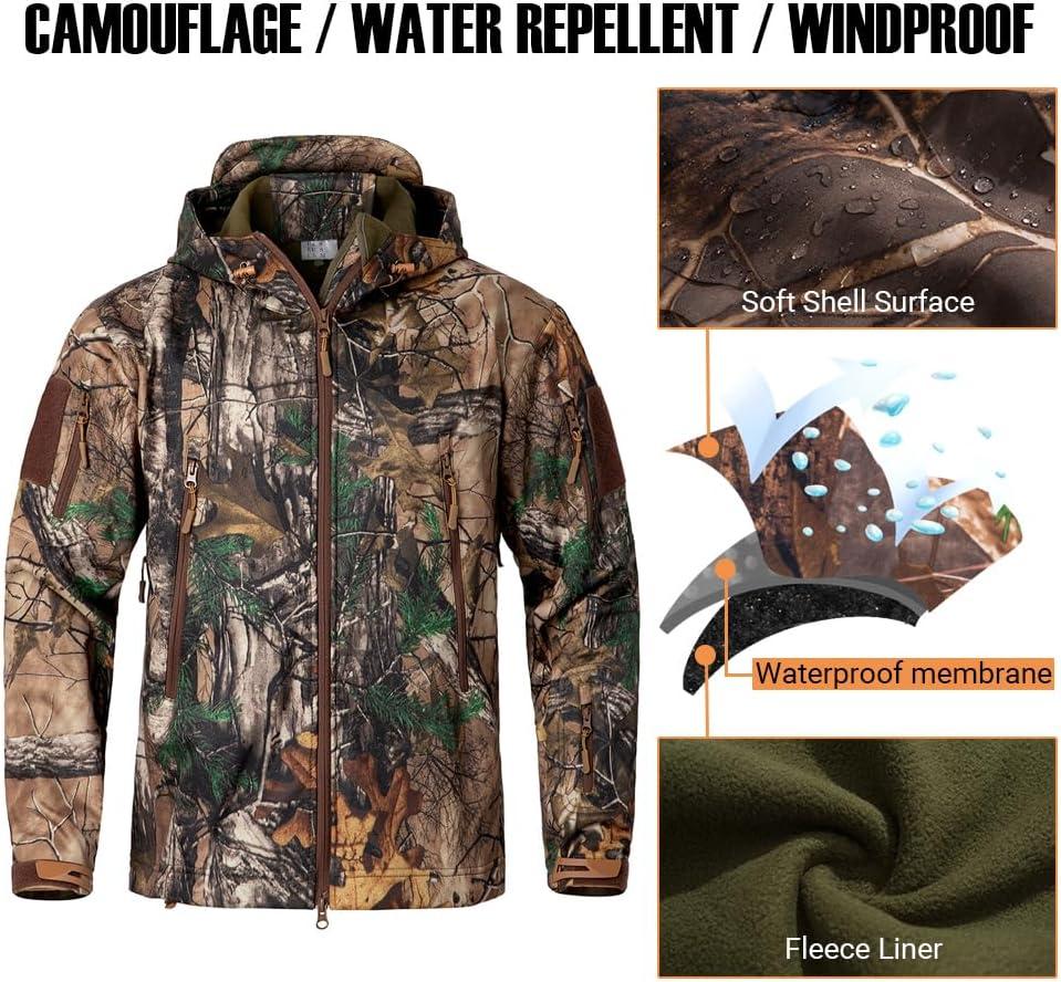 imageCARWORNIC Mens Camo Quiet Hunting Jacket Waterproof Softshell Fleece Lined Camouflage Outdoor Hiking Fishing CoatLeaf Camo