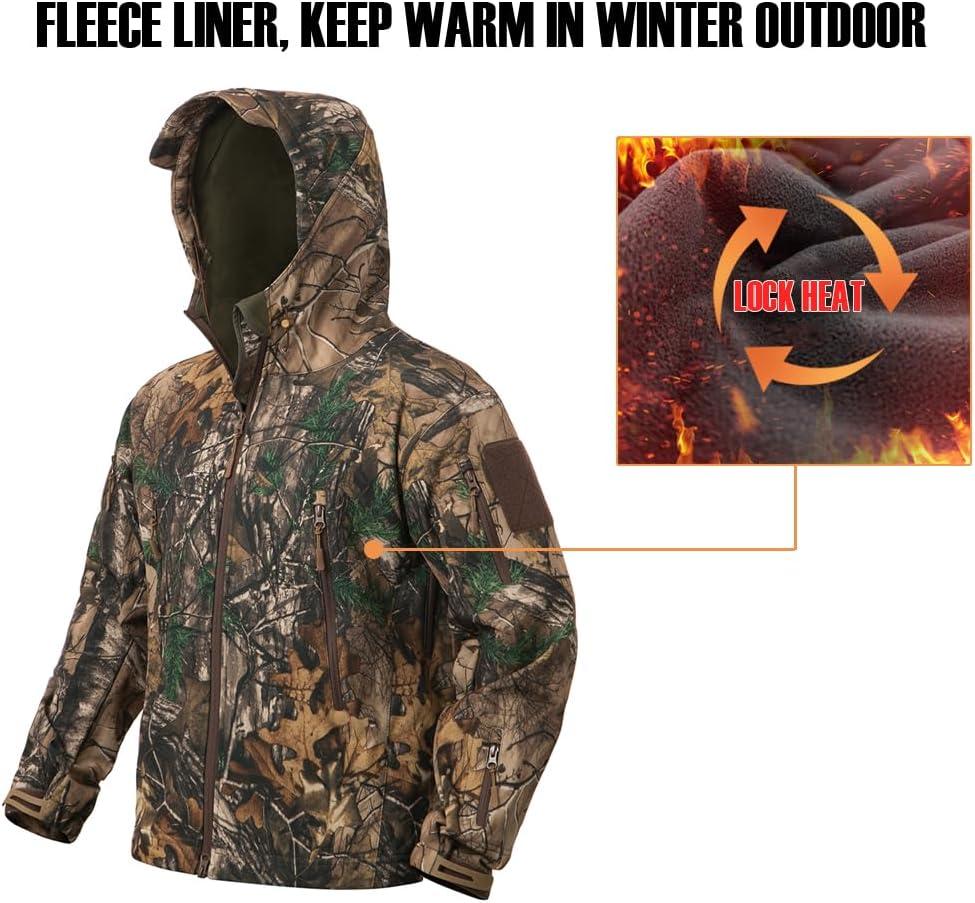 imageCARWORNIC Mens Camo Quiet Hunting Jacket Waterproof Softshell Fleece Lined Camouflage Outdoor Hiking Fishing CoatLeaf Camo