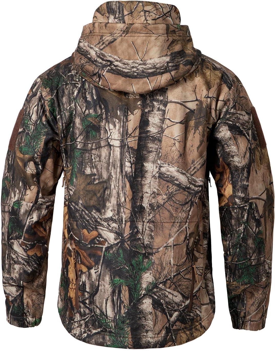 imageCARWORNIC Mens Camo Quiet Hunting Jacket Waterproof Softshell Fleece Lined Camouflage Outdoor Hiking Fishing CoatLeaf Camo