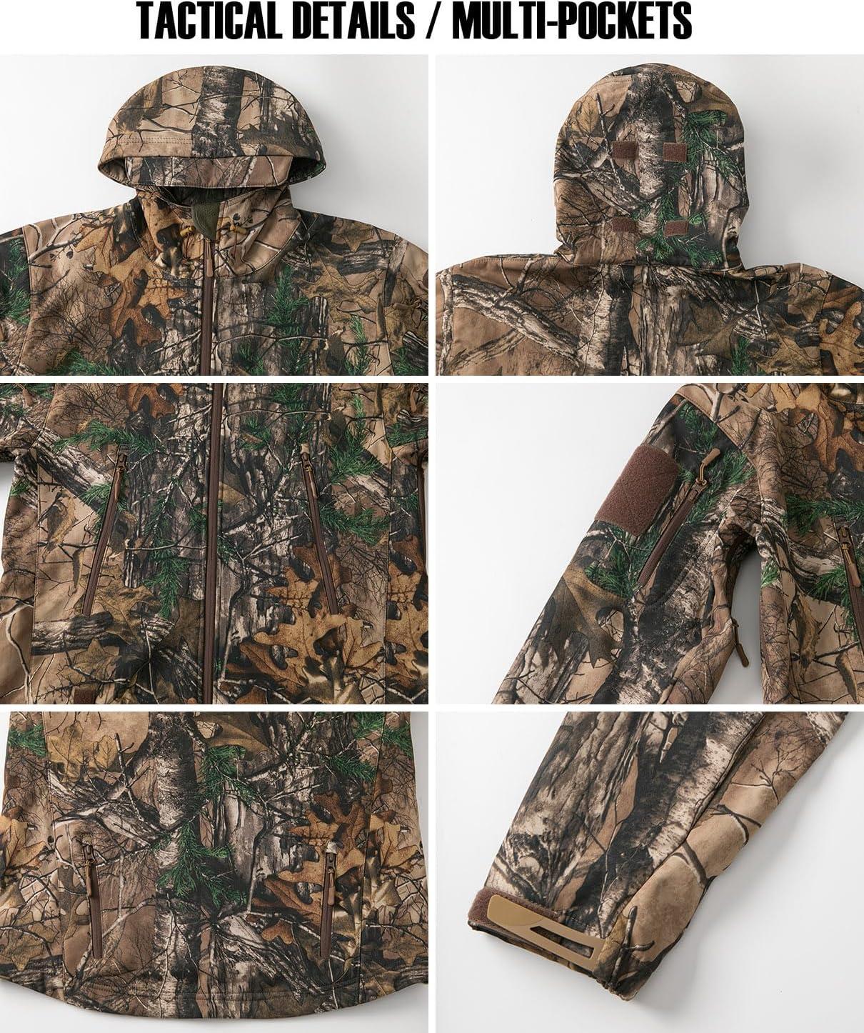 imageCARWORNIC Mens Camo Quiet Hunting Jacket Waterproof Softshell Fleece Lined Camouflage Outdoor Hiking Fishing CoatLeaf Camo