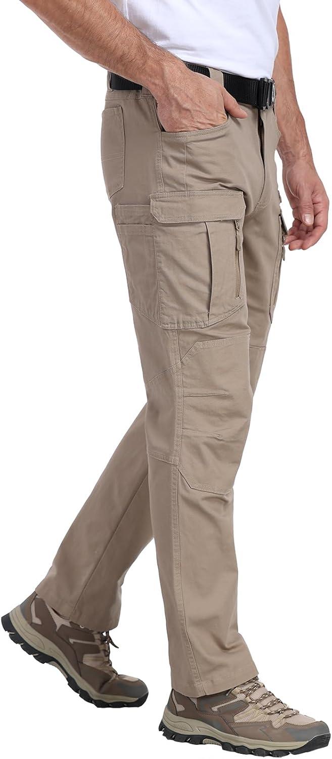 imageCARWORNIC Mens Cotton Stretch Tactical Work Pants Lightweight Flex Cargo Hiking Pants with 15PocketsKhaki
