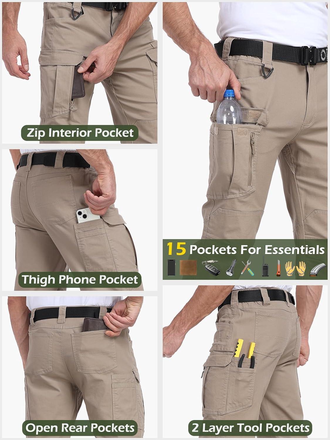 imageCARWORNIC Mens Cotton Stretch Tactical Work Pants Lightweight Flex Cargo Hiking Pants with 15PocketsKhaki