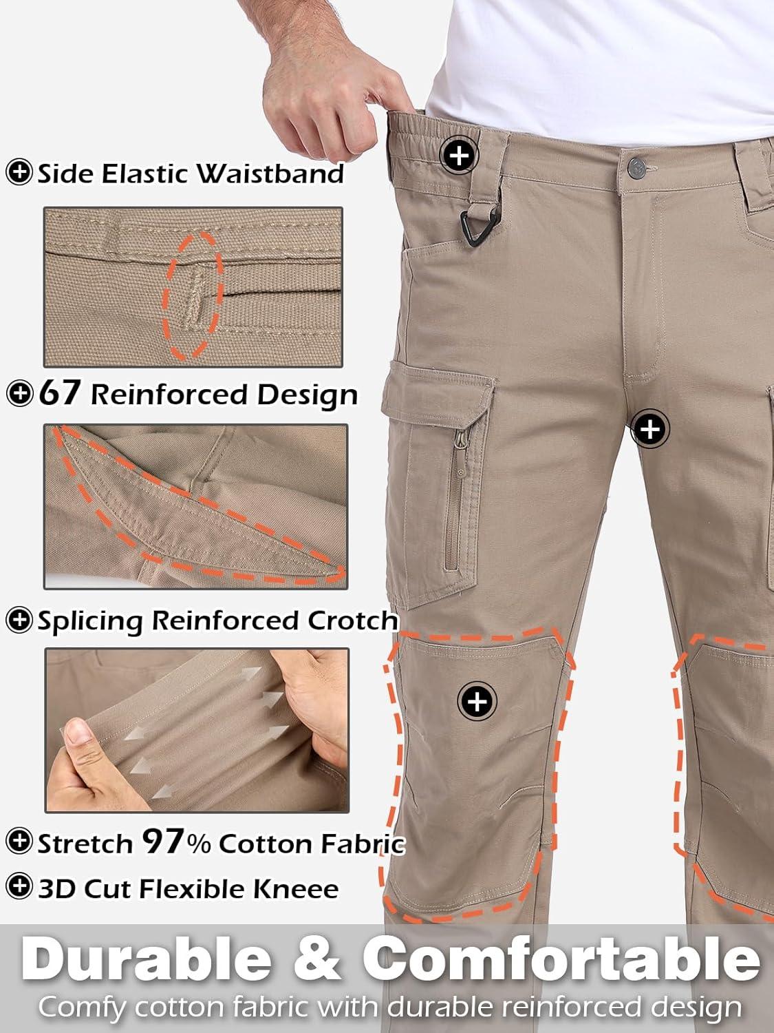 imageCARWORNIC Mens Cotton Stretch Tactical Work Pants Lightweight Flex Cargo Hiking Pants with 15PocketsKhaki