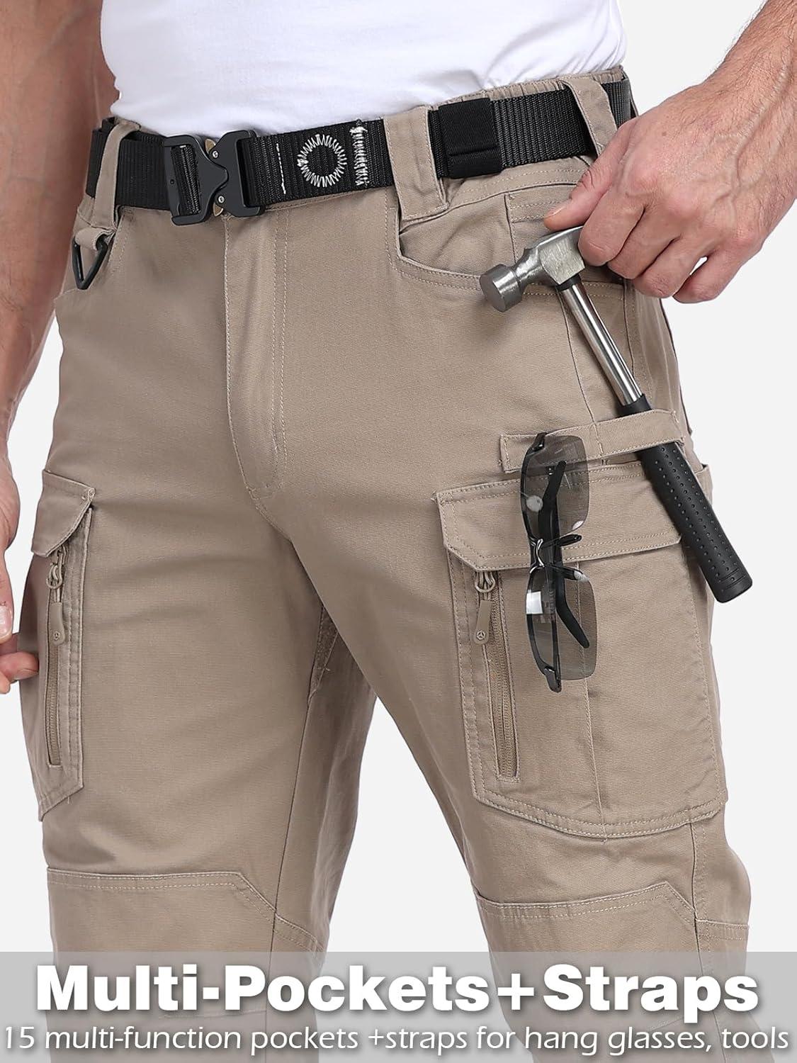 imageCARWORNIC Mens Cotton Stretch Tactical Work Pants Lightweight Flex Cargo Hiking Pants with 15PocketsKhaki