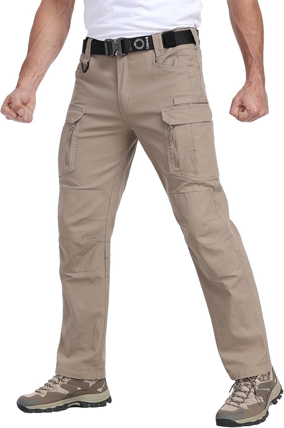 imageCARWORNIC Mens Cotton Stretch Tactical Work Pants Lightweight Flex Cargo Hiking Pants with 15PocketsKhaki