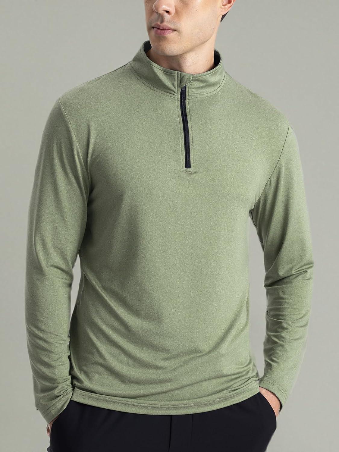 imageCARWORNIC Mens Long Sleeve Athletic Shirts 14 Zip Pullover Quick Dry Active Sports Sweatshirt for Running Workout GymGreen