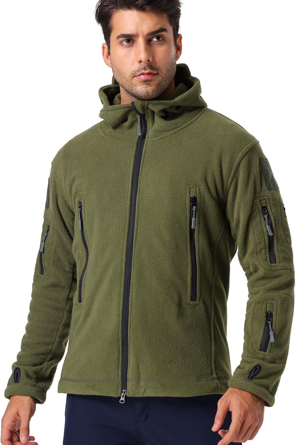 imageCARWORNIC Mens Military Tactical Fleece Jacket Warm MultiPockets Outdoor Hooded CoatArmy Green