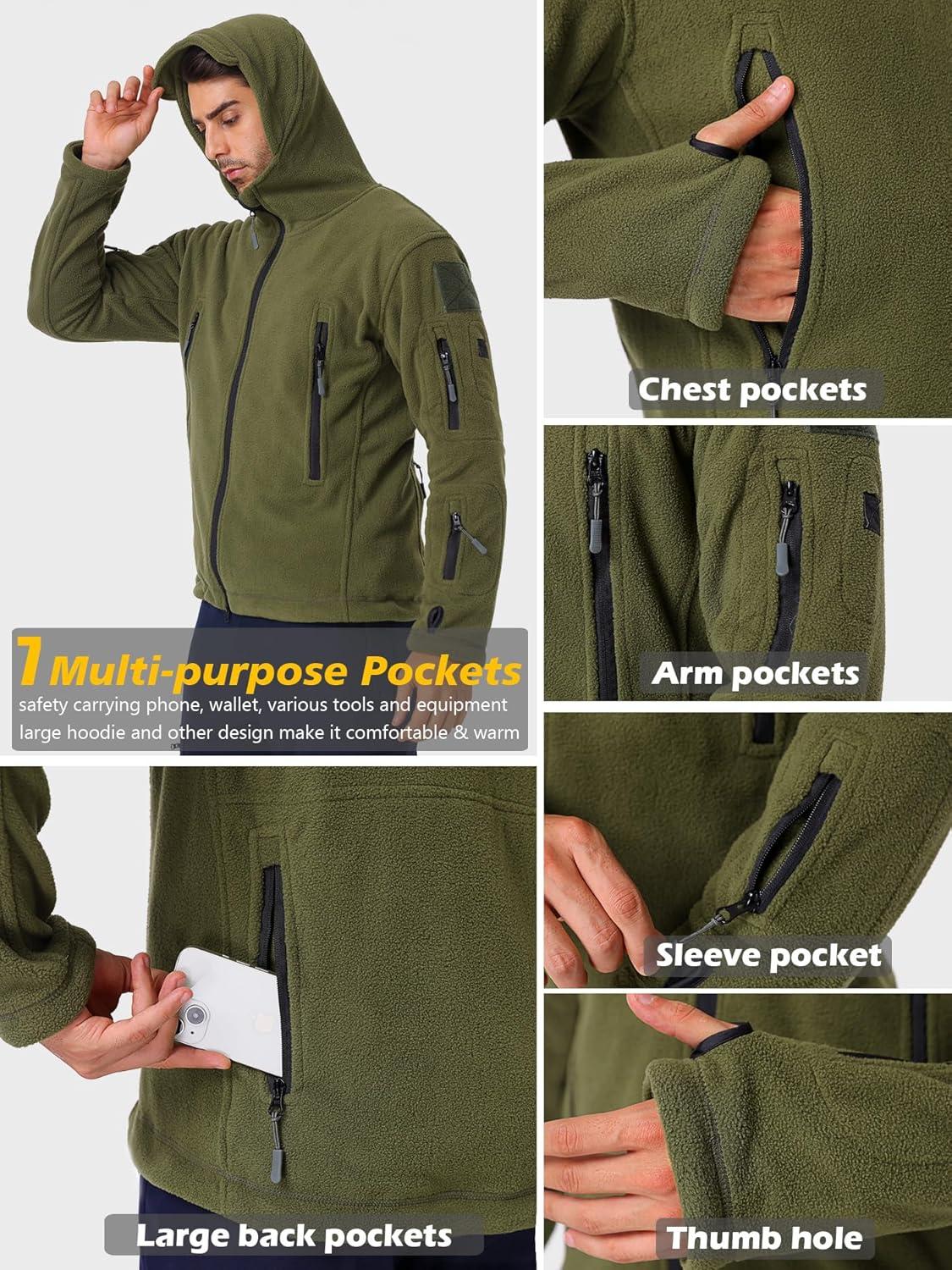 imageCARWORNIC Mens Military Tactical Fleece Jacket Warm MultiPockets Outdoor Hooded CoatArmy Green