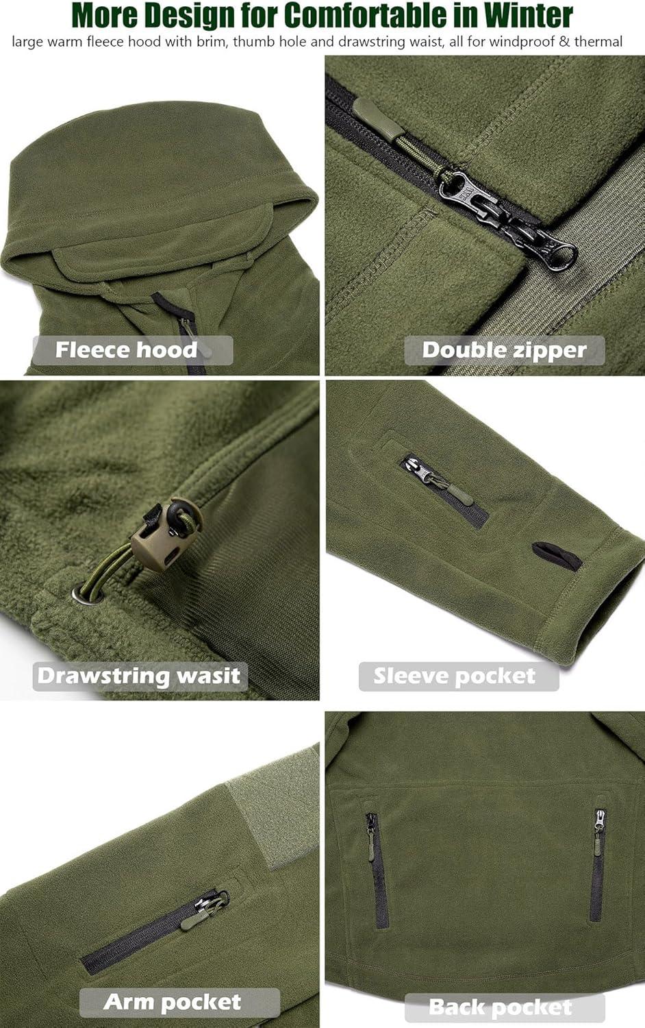 imageCARWORNIC Mens Military Tactical Fleece Jacket Warm MultiPockets Outdoor Hooded CoatArmy Green