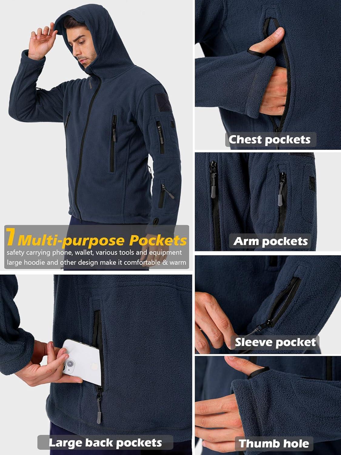 imageCARWORNIC Mens Military Tactical Fleece Jacket Warm MultiPockets Outdoor Hooded CoatDark Navy