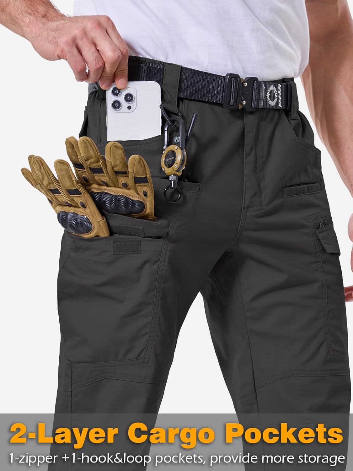 imageCARWORNIC Mens Stretch Ripstop Tactical Pants Lightweight WaterResistant Flex Hiking Cargo Work Pants with 11 PocketsBlack