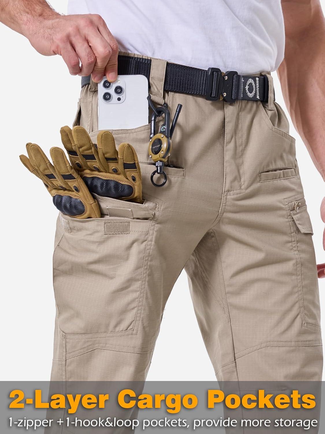 imageCARWORNIC Mens Stretch Ripstop Tactical Pants Lightweight WaterResistant Flex Hiking Cargo Work Pants with 11 PocketsKhaki