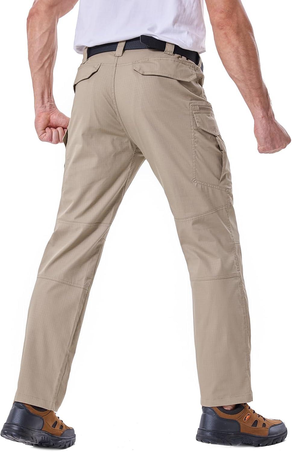 imageCARWORNIC Mens Stretch Ripstop Tactical Pants Lightweight WaterResistant Flex Hiking Cargo Work Pants with 11 PocketsKhaki