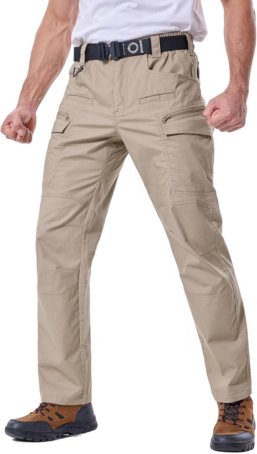 imageCARWORNIC Mens Stretch Ripstop Tactical Pants Lightweight WaterResistant Flex Hiking Cargo Work Pants with 11 PocketsKhaki