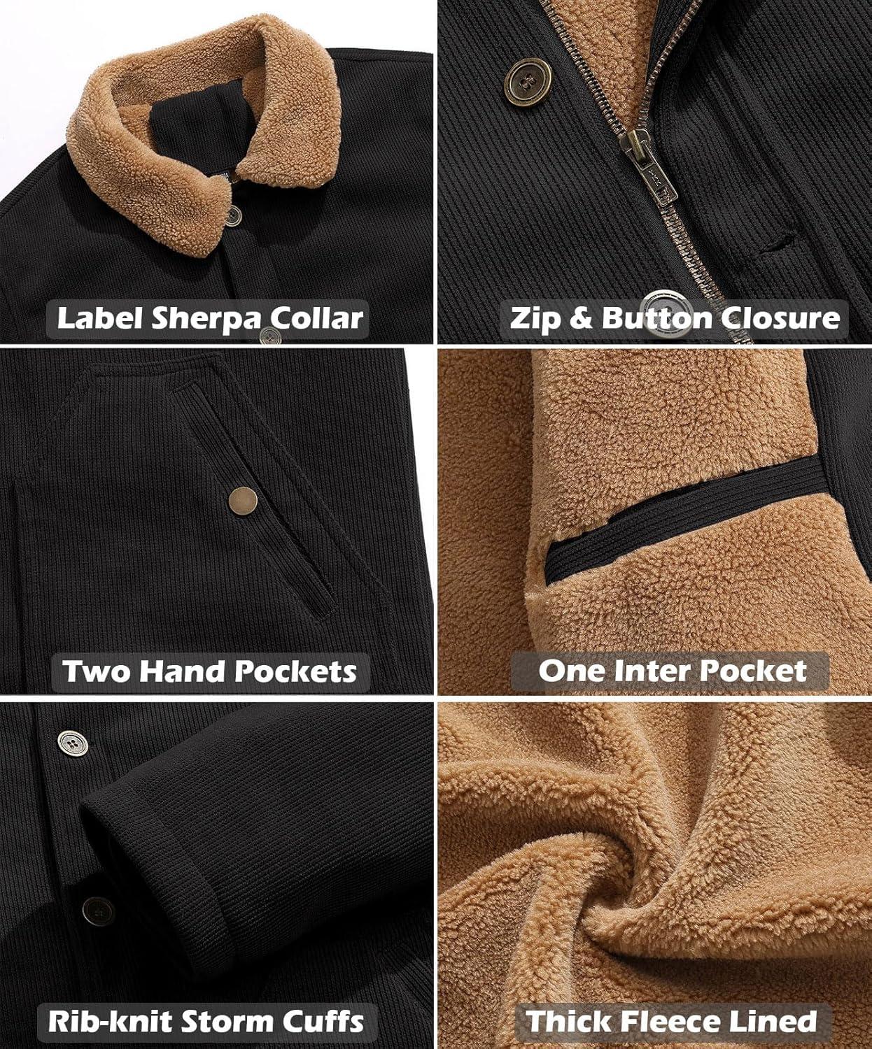 imageCARWORNIC Mens Winter Corduroy Jacket Warm Fleece Lined Work Jacket Casual Sherpa Trucker CoatBlack
