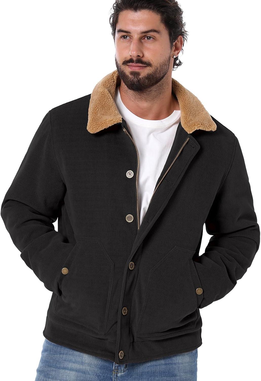 imageCARWORNIC Mens Winter Corduroy Jacket Warm Fleece Lined Work Jacket Casual Sherpa Trucker CoatBlack