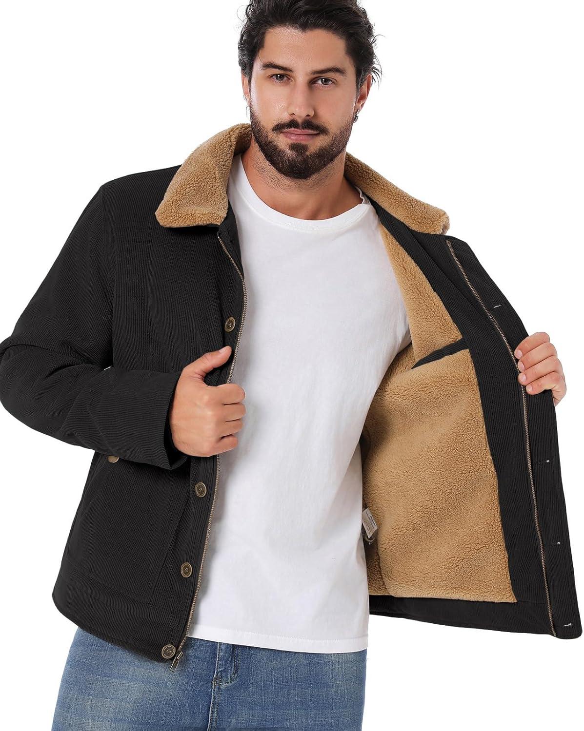 imageCARWORNIC Mens Winter Corduroy Jacket Warm Fleece Lined Work Jacket Casual Sherpa Trucker CoatBlack
