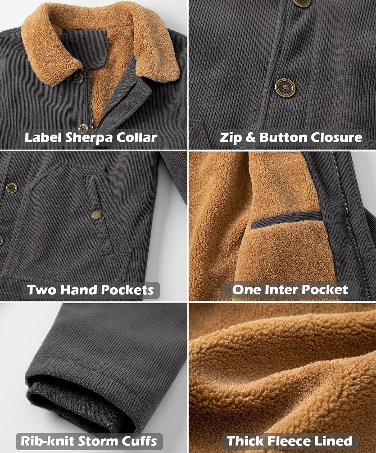 imageCARWORNIC Mens Winter Corduroy Jacket Warm Fleece Lined Work Jacket Casual Sherpa Trucker CoatDark Gray