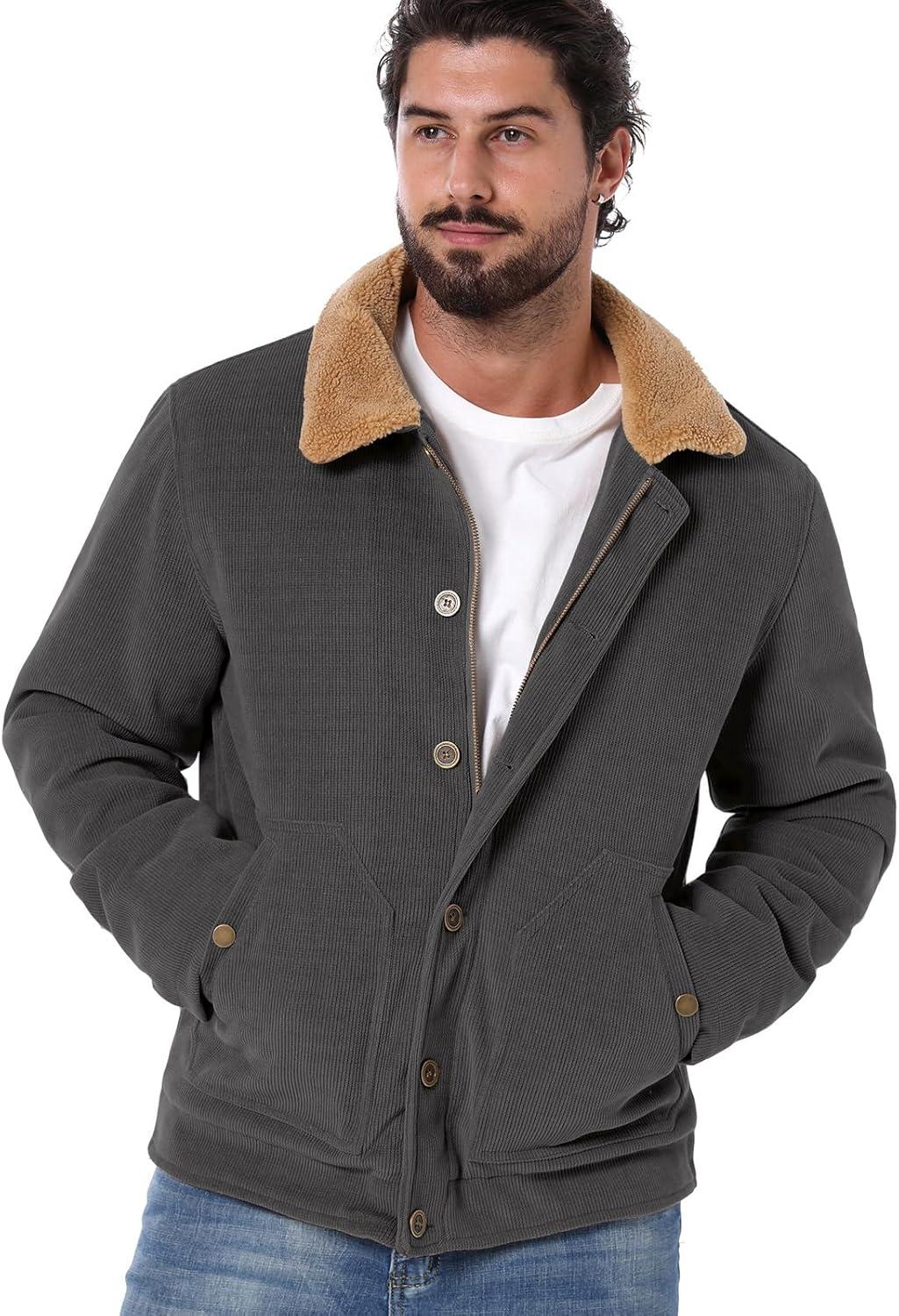 imageCARWORNIC Mens Winter Corduroy Jacket Warm Fleece Lined Work Jacket Casual Sherpa Trucker CoatDark Gray