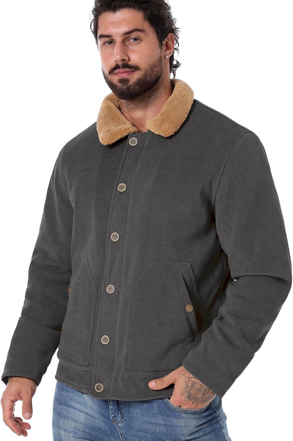 imageCARWORNIC Mens Winter Corduroy Jacket Warm Fleece Lined Work Jacket Casual Sherpa Trucker CoatDark Gray
