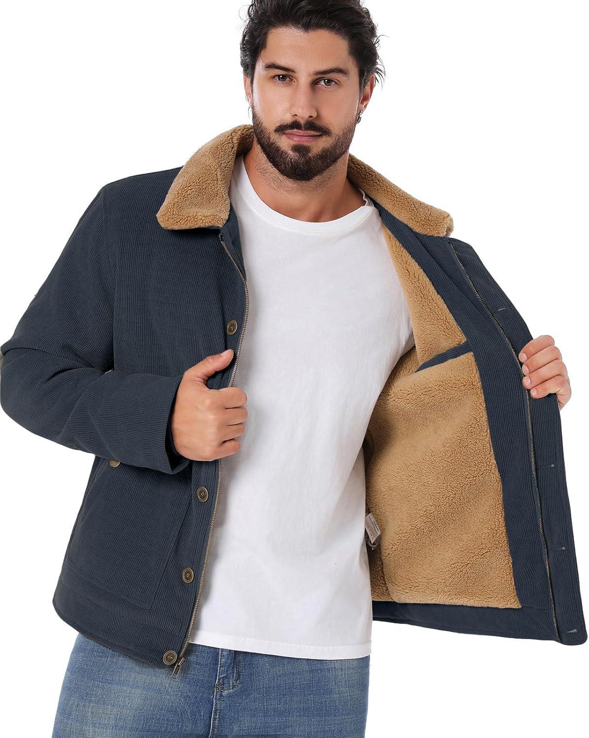 imageCARWORNIC Mens Winter Corduroy Jacket Warm Fleece Lined Work Jacket Casual Sherpa Trucker CoatNavy Blue