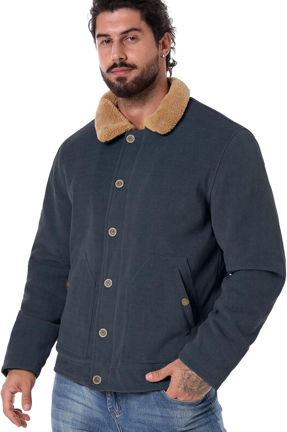 imageCARWORNIC Mens Winter Corduroy Jacket Warm Fleece Lined Work Jacket Casual Sherpa Trucker CoatNavy Blue
