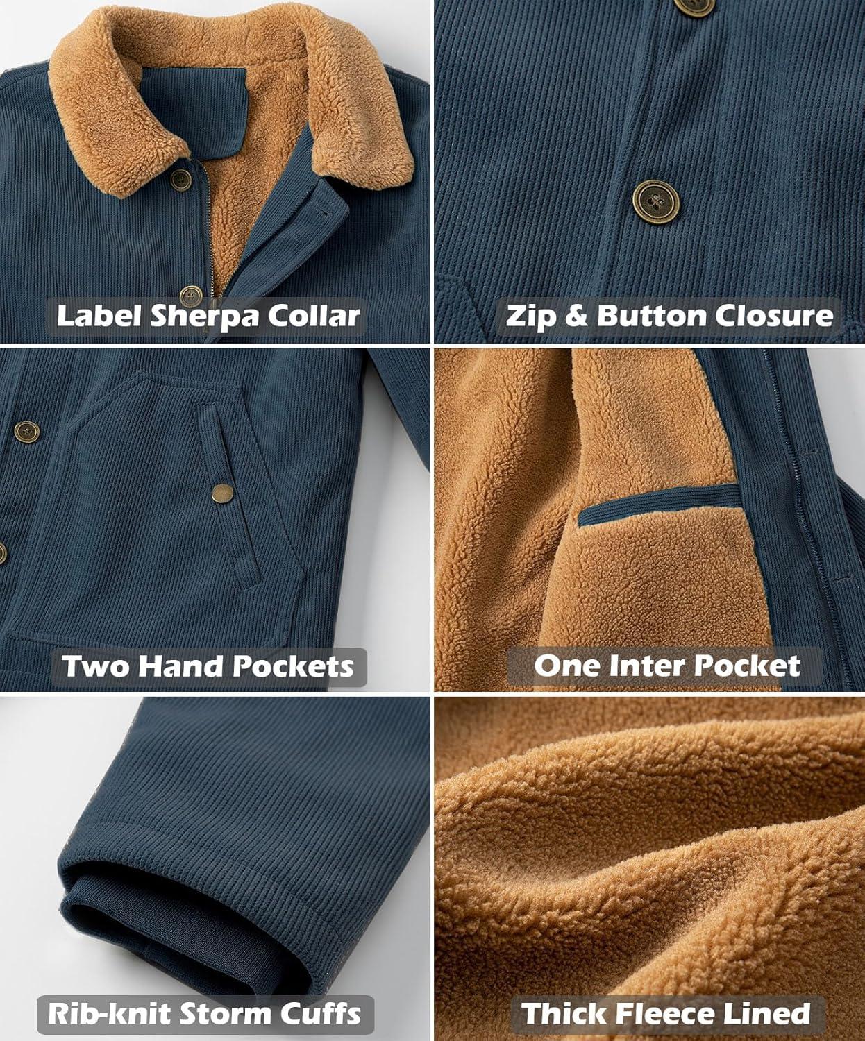 imageCARWORNIC Mens Winter Corduroy Jacket Warm Fleece Lined Work Jacket Casual Sherpa Trucker CoatNavy Blue
