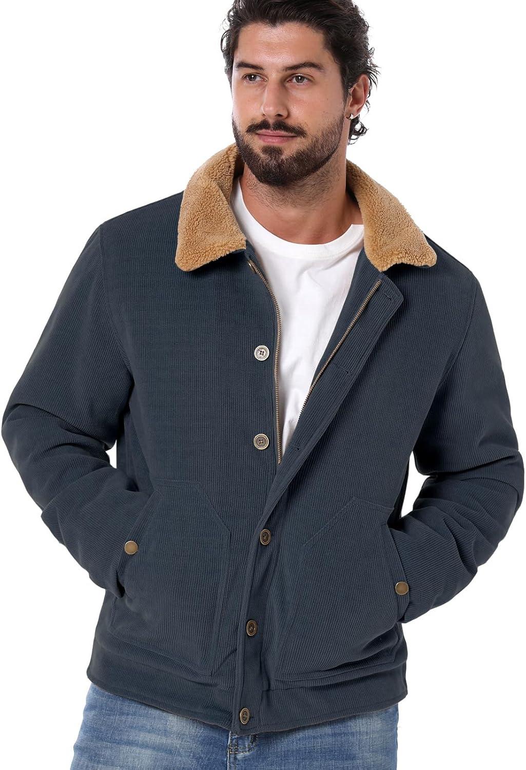 imageCARWORNIC Mens Winter Corduroy Jacket Warm Fleece Lined Work Jacket Casual Sherpa Trucker CoatNavy Blue