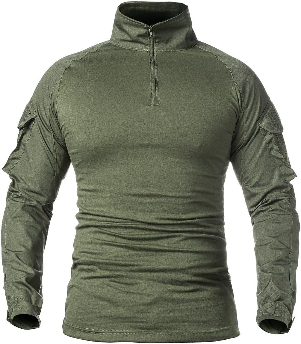 imageReFire Gear Mens Military Tactical Army Combat Long Sleeve Shirt Slim Fit Camo TShirt with 14 ZipperArmy Green