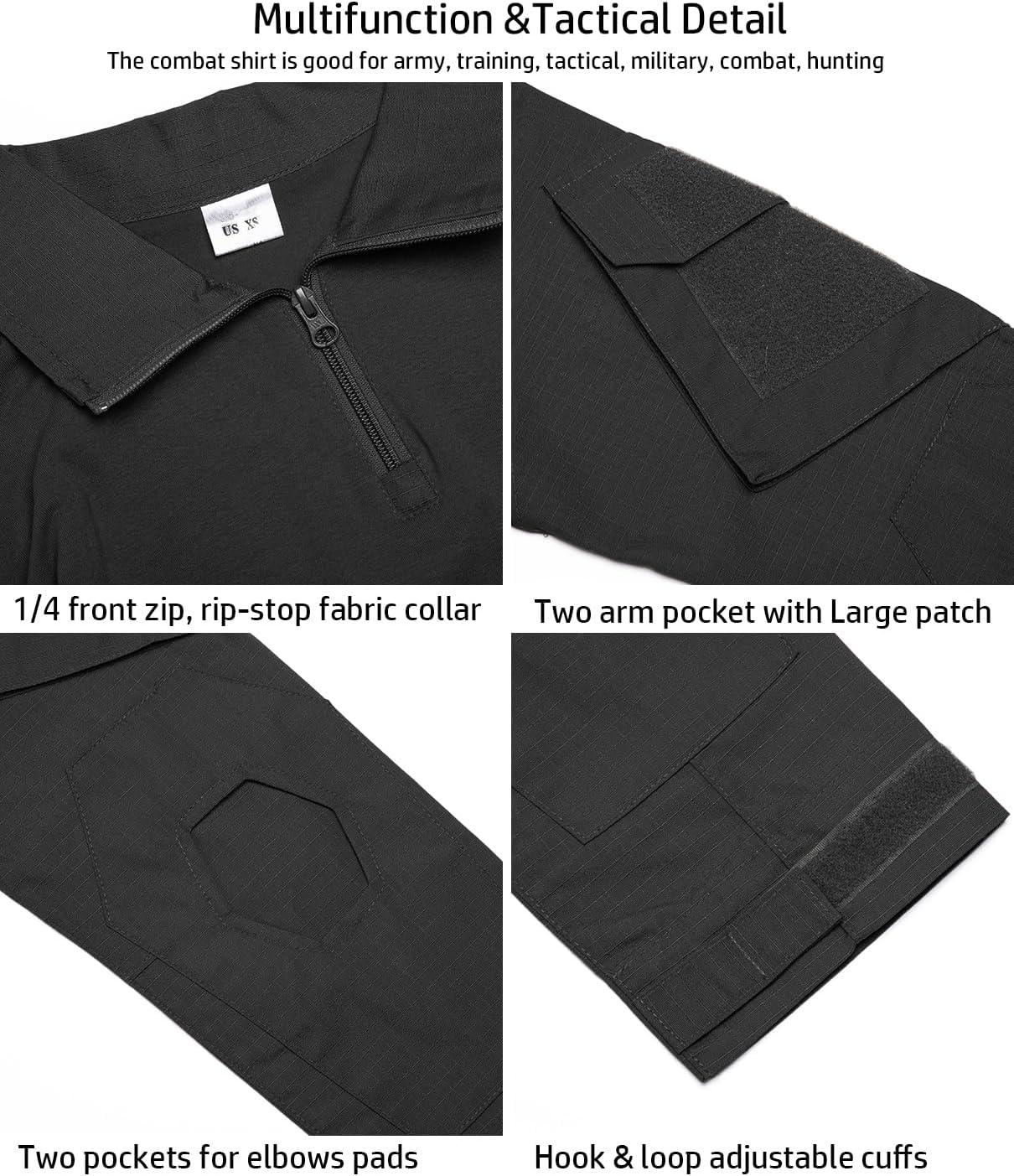 imageReFire Gear Mens Military Tactical Army Combat Long Sleeve Shirt Slim Fit Camo TShirt with 14 ZipperBlack